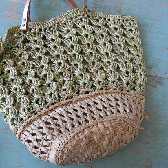 Gabriela Vlad GREEN/TAN WICKER STRAW BUCKET BAG SUMMER BOHO LEATHER TRIM - Picture 7 of 9
